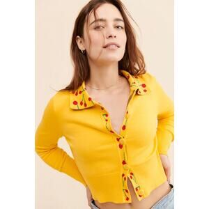 Lisa Says Gah Yellow Battenberg Cherry Cardigan Collar Sweater XS/S Whimsy Twee